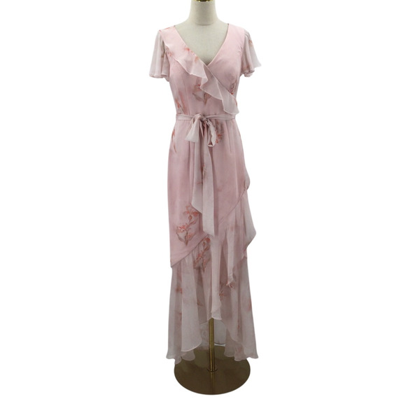WEDDING GUEST AW SZ 6 S pink sweet blooms ruffle bridesmaid maxi dress NEW b147 - Picture 1 of 7